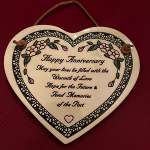 Trinity Pottery Happy Anniversary heart shaped wall plaque with leather hanger